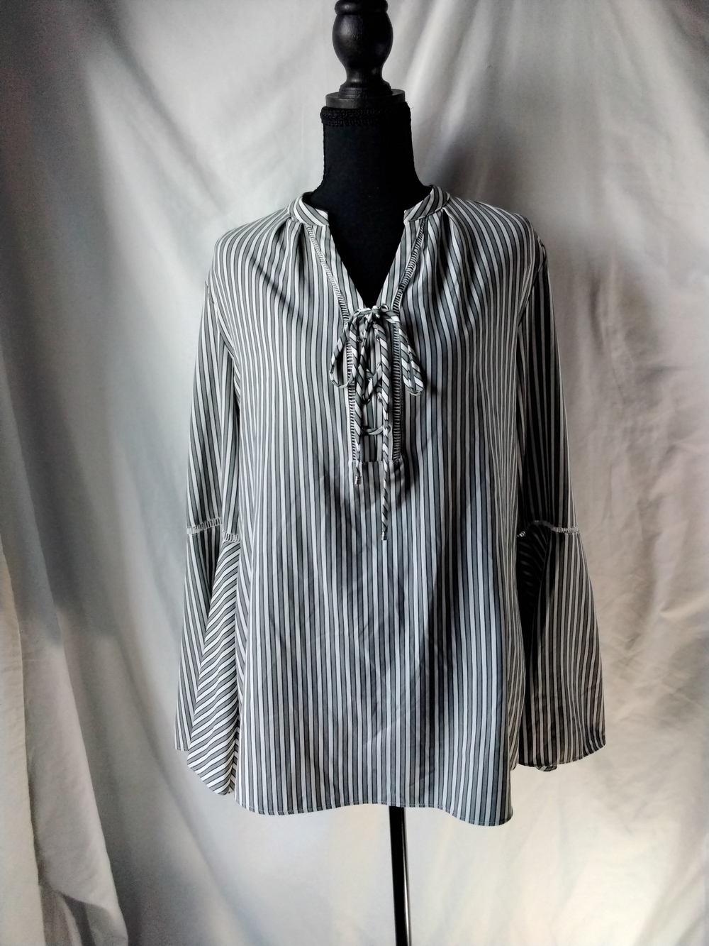 Peter Nygard Black & White Vertical Stripe Tie-Front Blouse